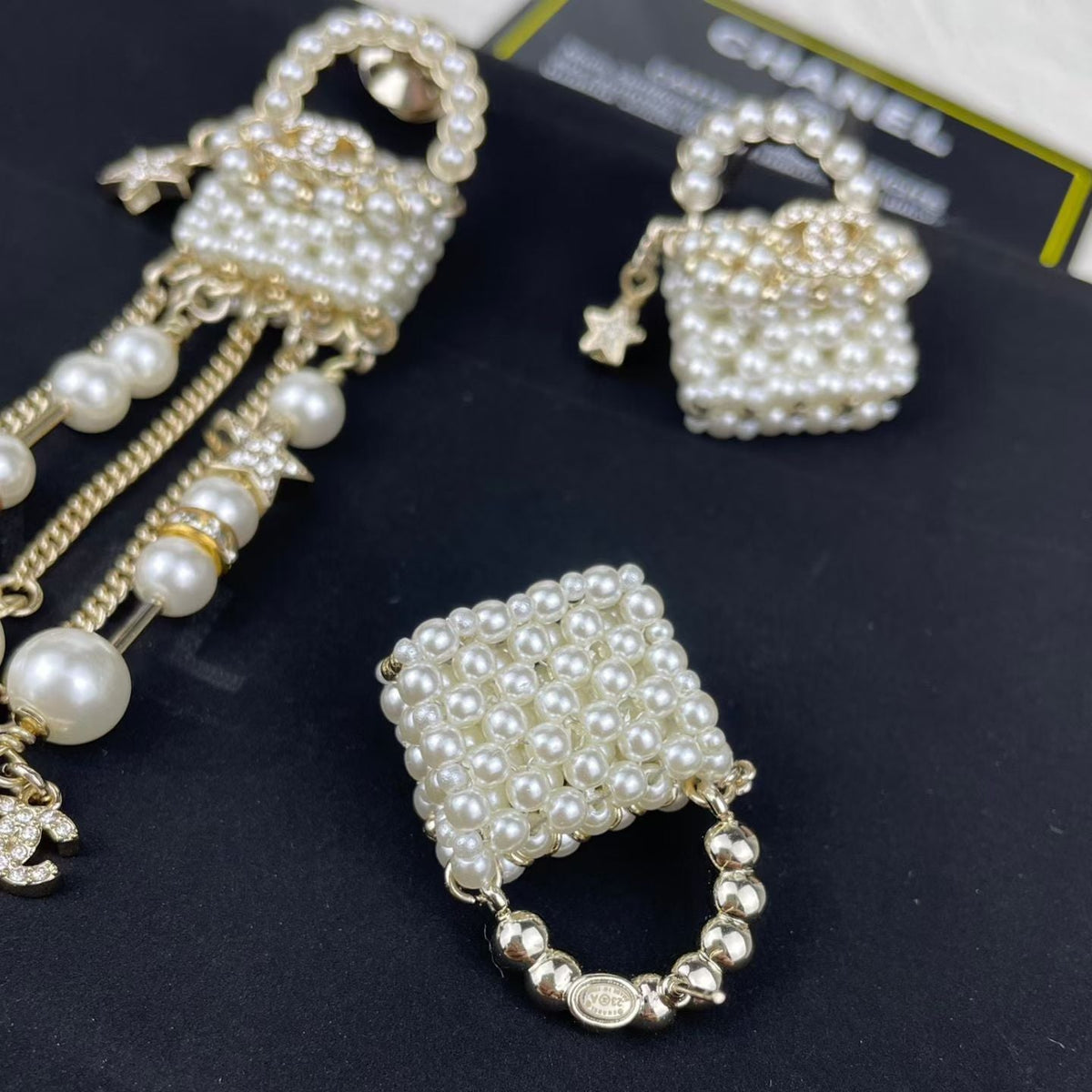 Chanel Pearl Bag Necklace Bracelet Earrings