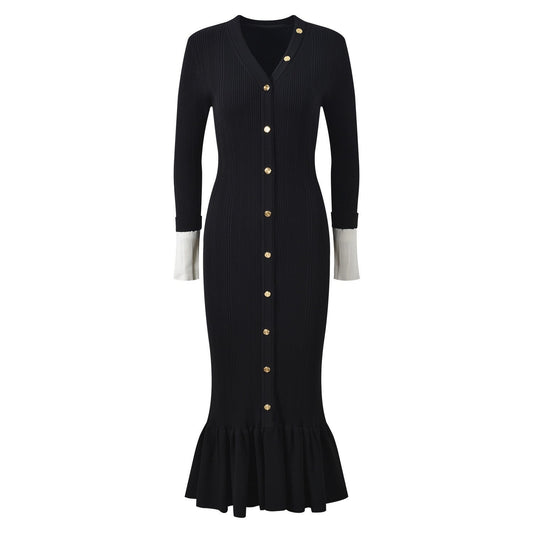Sandro Elegant V-Neck Mermaid Knit Dress with Button Detail