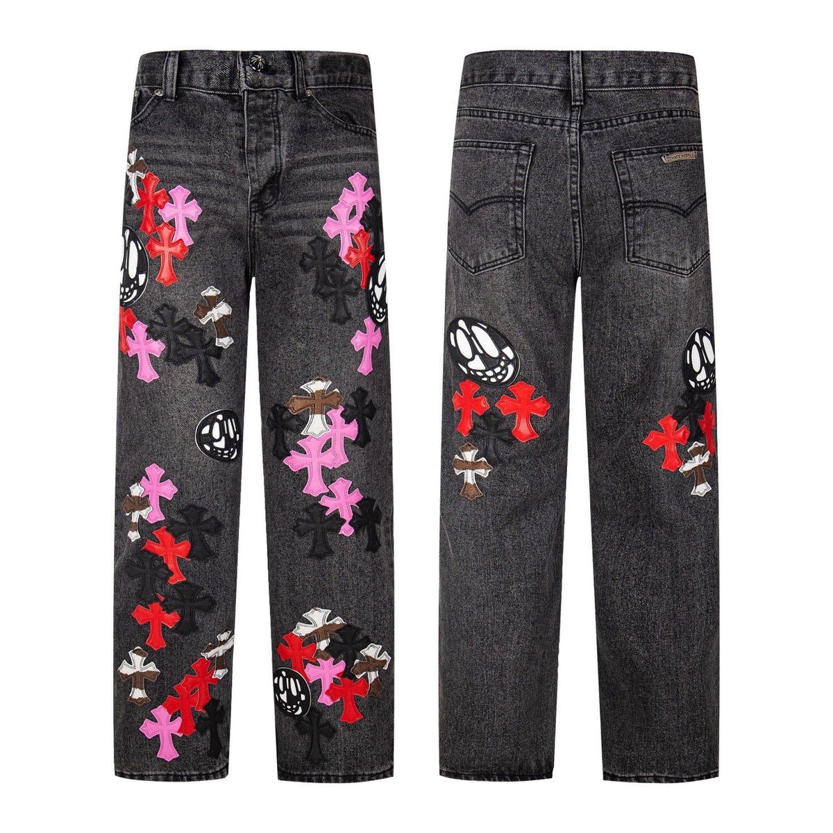 Chrome Hearts Multi Cross Patch Denim Jeans - Grey Gothic Street Pants 1111