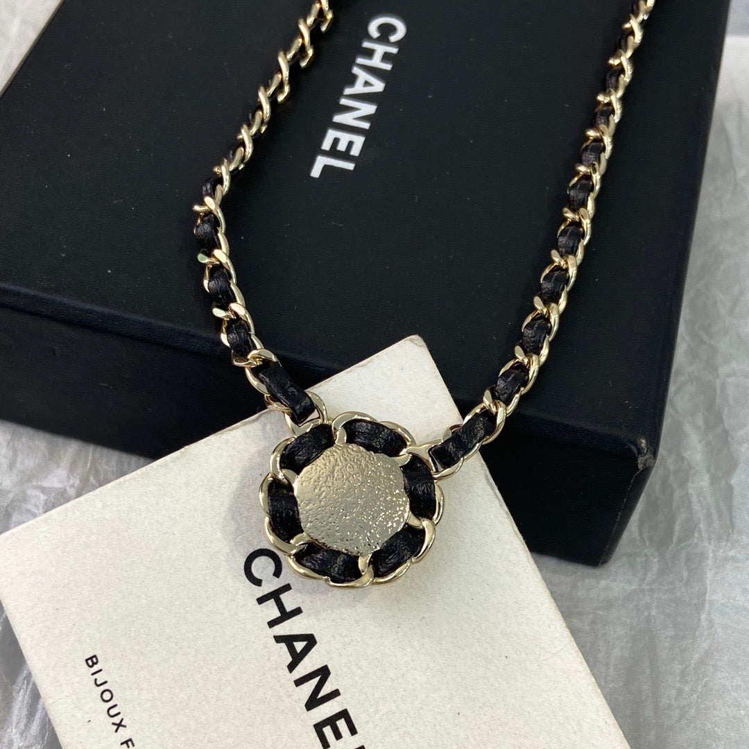 Chanel Black Leather Button Necklace Earrings