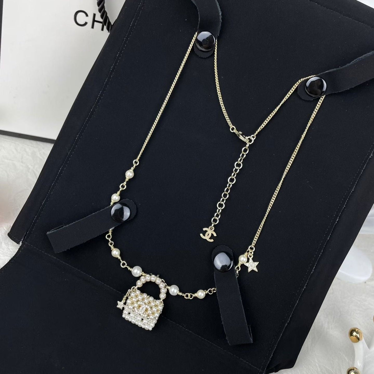 Chanel Pearl Bag Necklace Bracelet Earrings