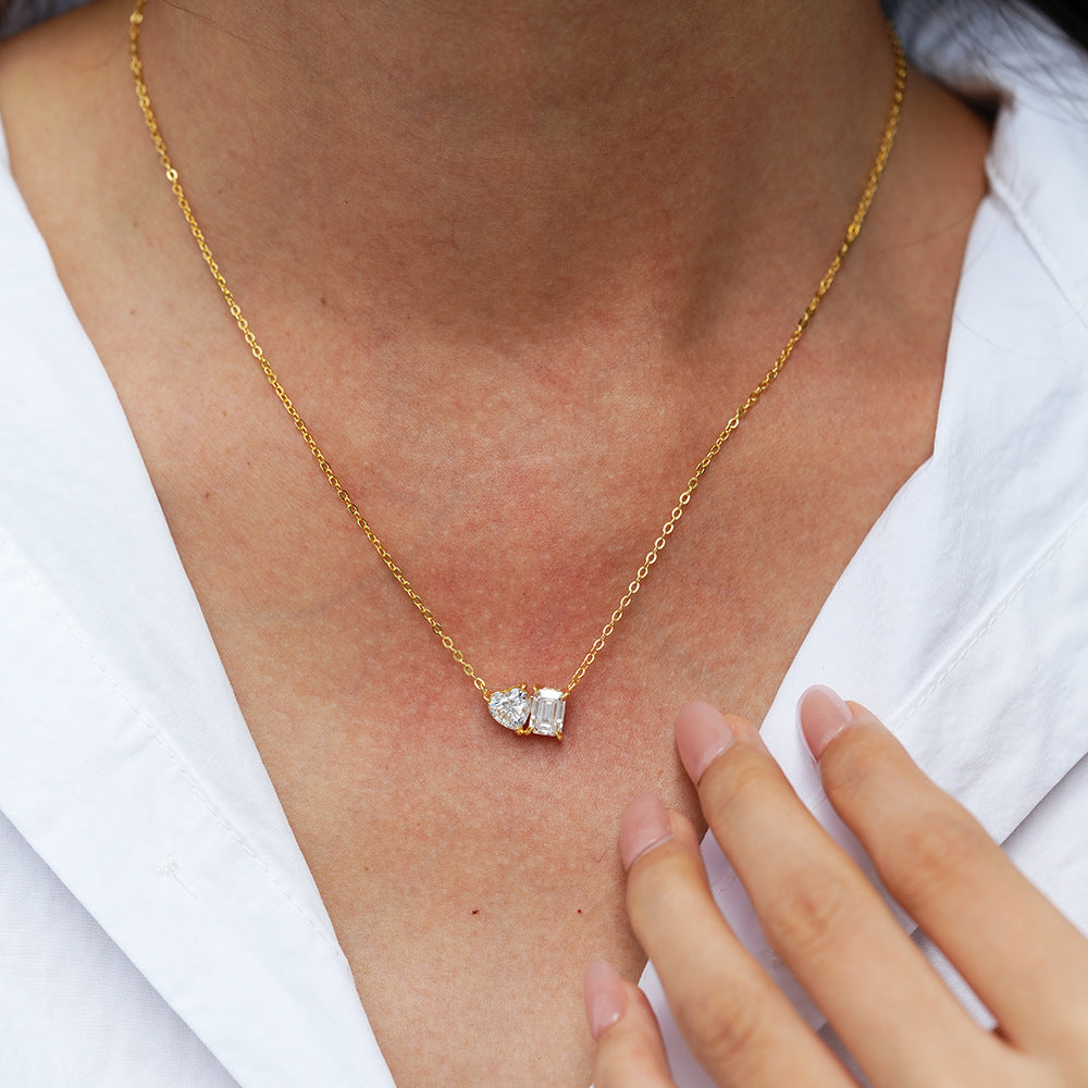 2 Carats Sugar Cube Heart Moissanite Pendant Clavicle Chain Necklace
