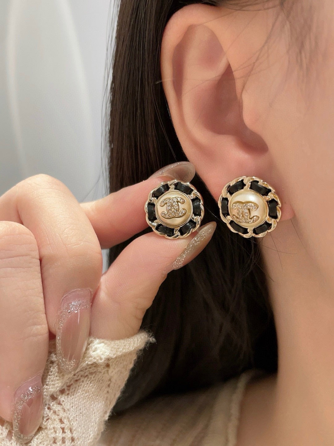 Chanel Black Leather Button Necklace Earrings