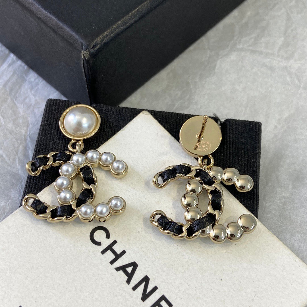 Chanel Black Leather Pearl Earrings