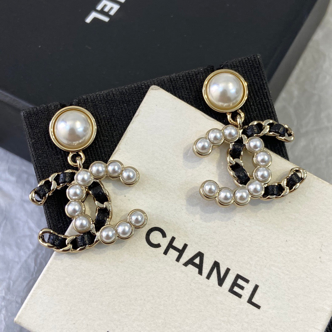Chanel Black Leather Pearl Earrings
