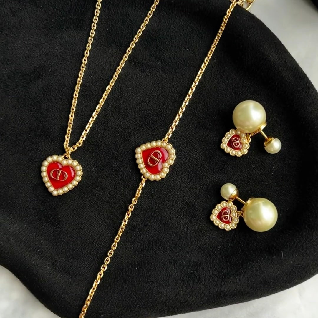 Dior Diamond Heart Necklace Bracelet Earrings