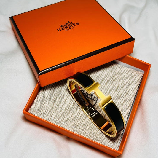 Hermes Black Leather Gold Bangle