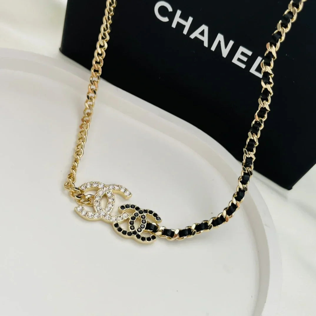 Chanel Double Logo Black Leather Necklace