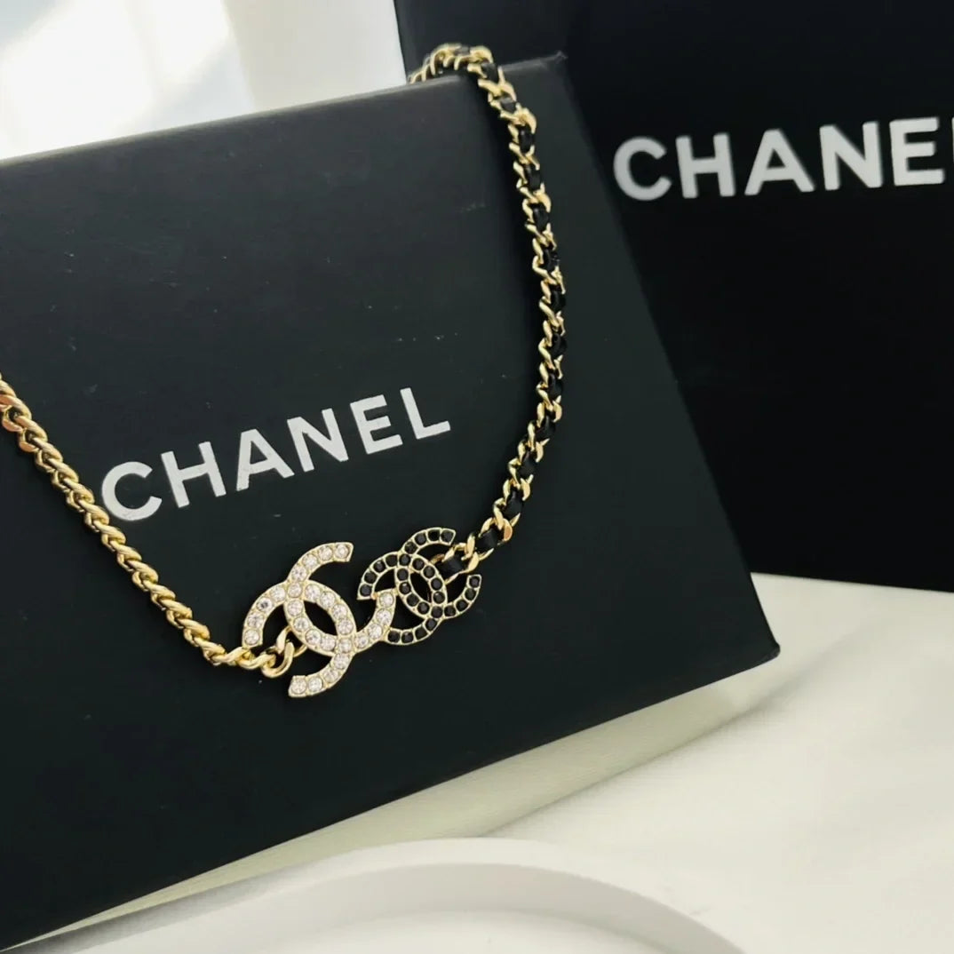 Chanel Double Logo Black Leather Necklace
